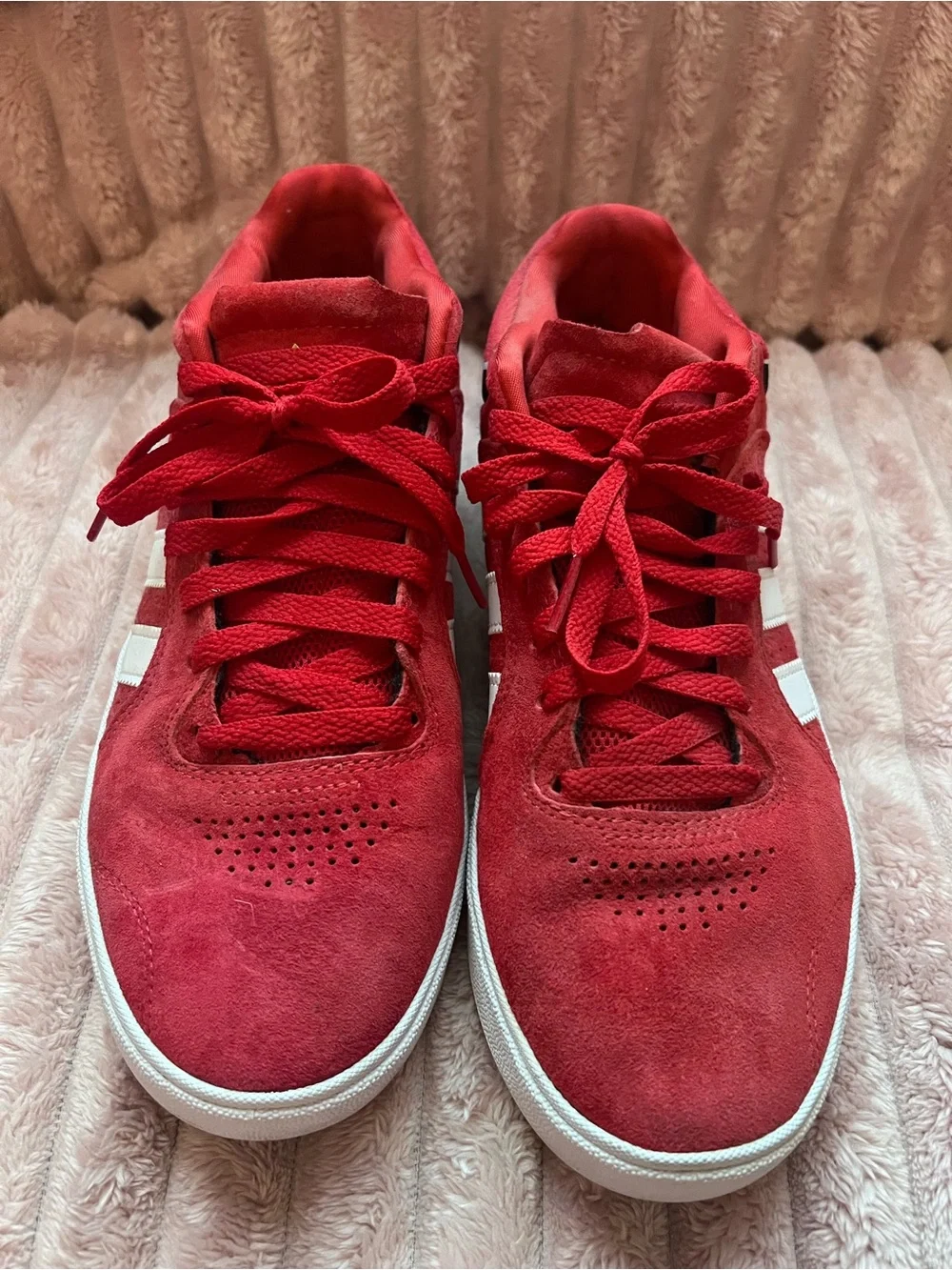 Adidas Red Tyshawn Mid-Top Sneakers with White Stripes